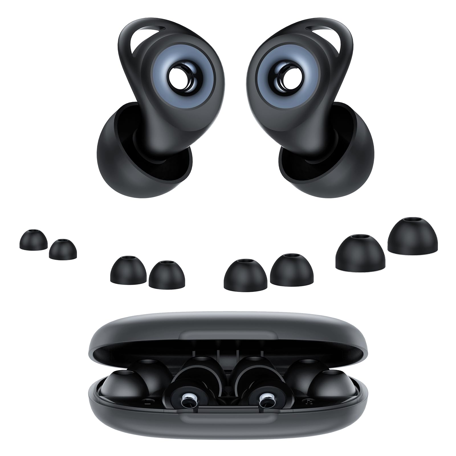 Tappi per le orecchie in silicone antirumore per dormire 32dB | lavabile, riutilizzabile, 4 taglie XS/S/M/L, custodia inclusa, per dormire, russamento, viaggio, concerto, Nero opaco