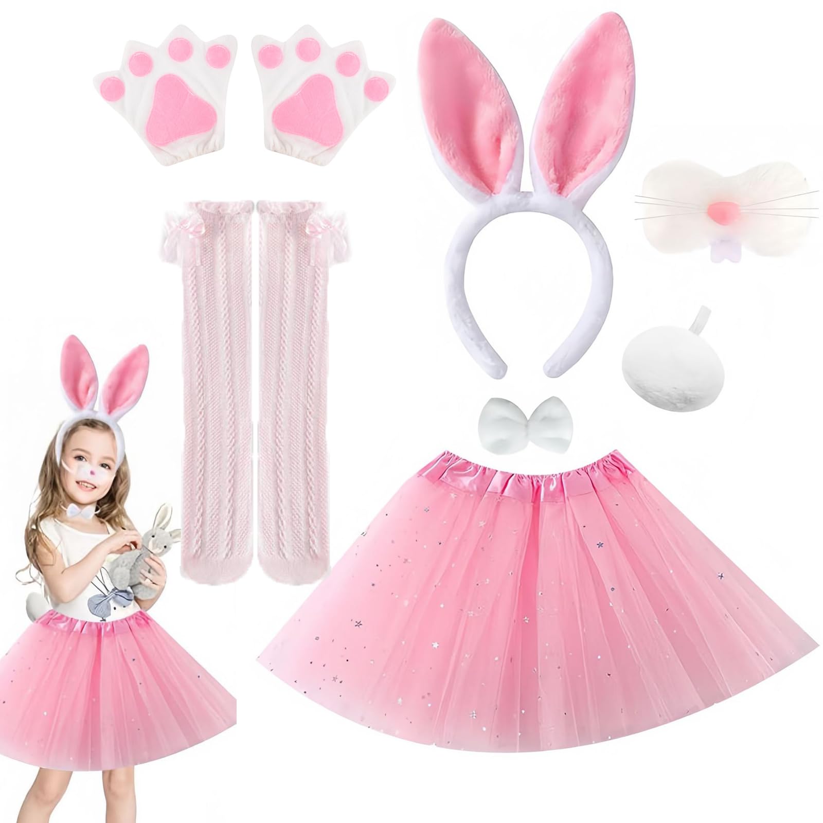 7Pcs White Rabbit Costume - Rabbit Decoration with Ear Headband Bowtie Tutu Outfit Set, Bunny Ears on Headband, Tutu Costume,Bunny Tail, Gloves, School Play for Children Ages 3-12,Cosplay Accessories