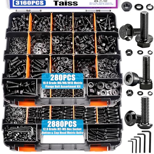 Image of Taiss 3160PCS Metric Flange Bolt Assortment Kit,Nuts and Bolts Assortment Kit M2 M3 M4 M5 M6x1.0 M8x1.25 M10x1.5 Bolt(4-45mm) 42 Sizes Hex Socket Button & Cap Head Metric Screw 10.9 Black Zinc Plated