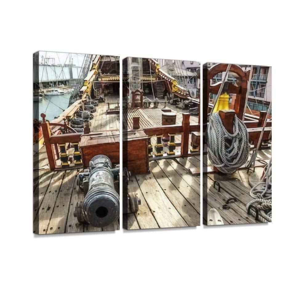 BELISIIS Wooden Pirate Ship for Tourists in Genova Port Wall Artwork Exclusive Photography Vintage Paintings Print on Canvas Home Decor Wall Art 3 Panels Framed Ready to Hang