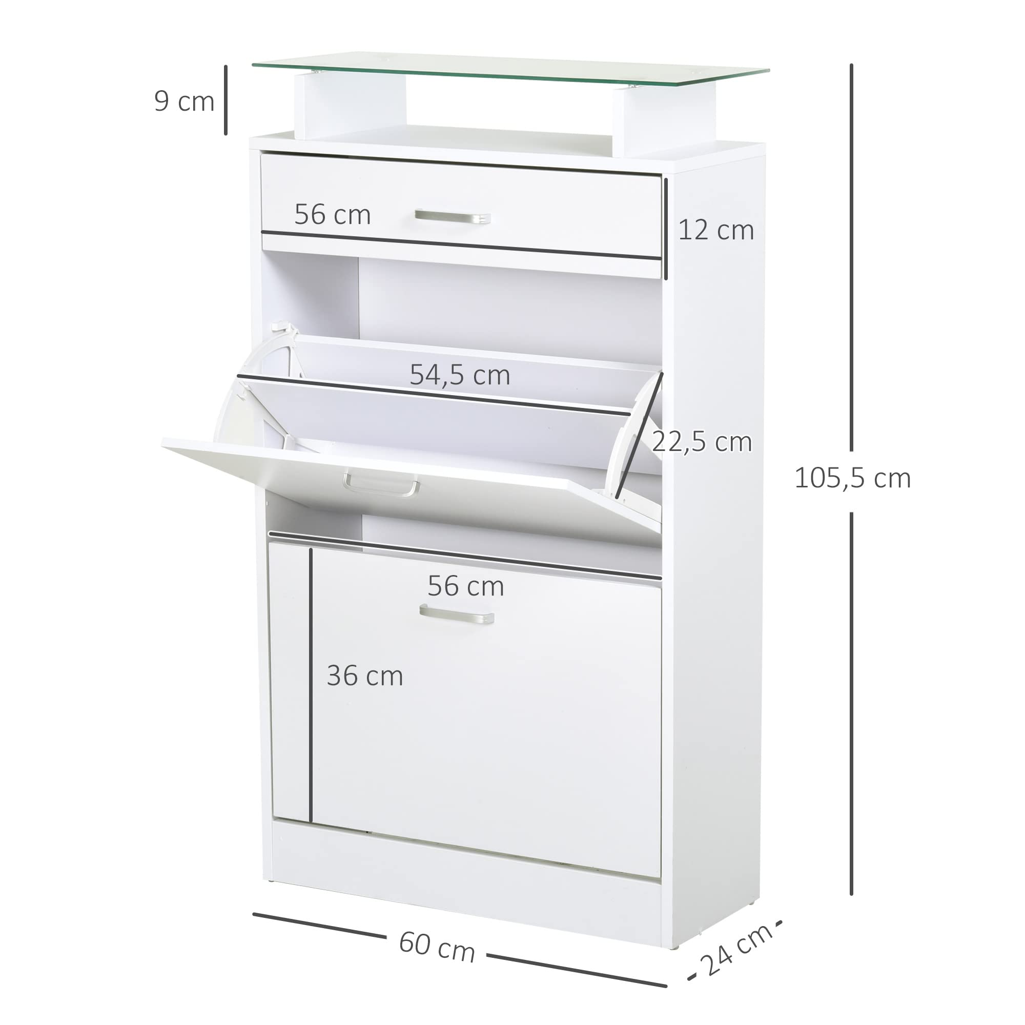 HOMCOM Mueble Zapatero Armario Zapatero con 3 Cajones Estante de Vidrio y Asa de Aluminio para Pasillo Entrada Carga 50 kg 60x24x105,5 cm Blanco