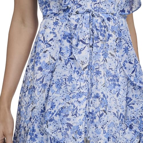 Image of Tommy Hilfiger Women's Sleeveless V-Neck Ruffle Trim Tie Waist Chiffon Mini Dress