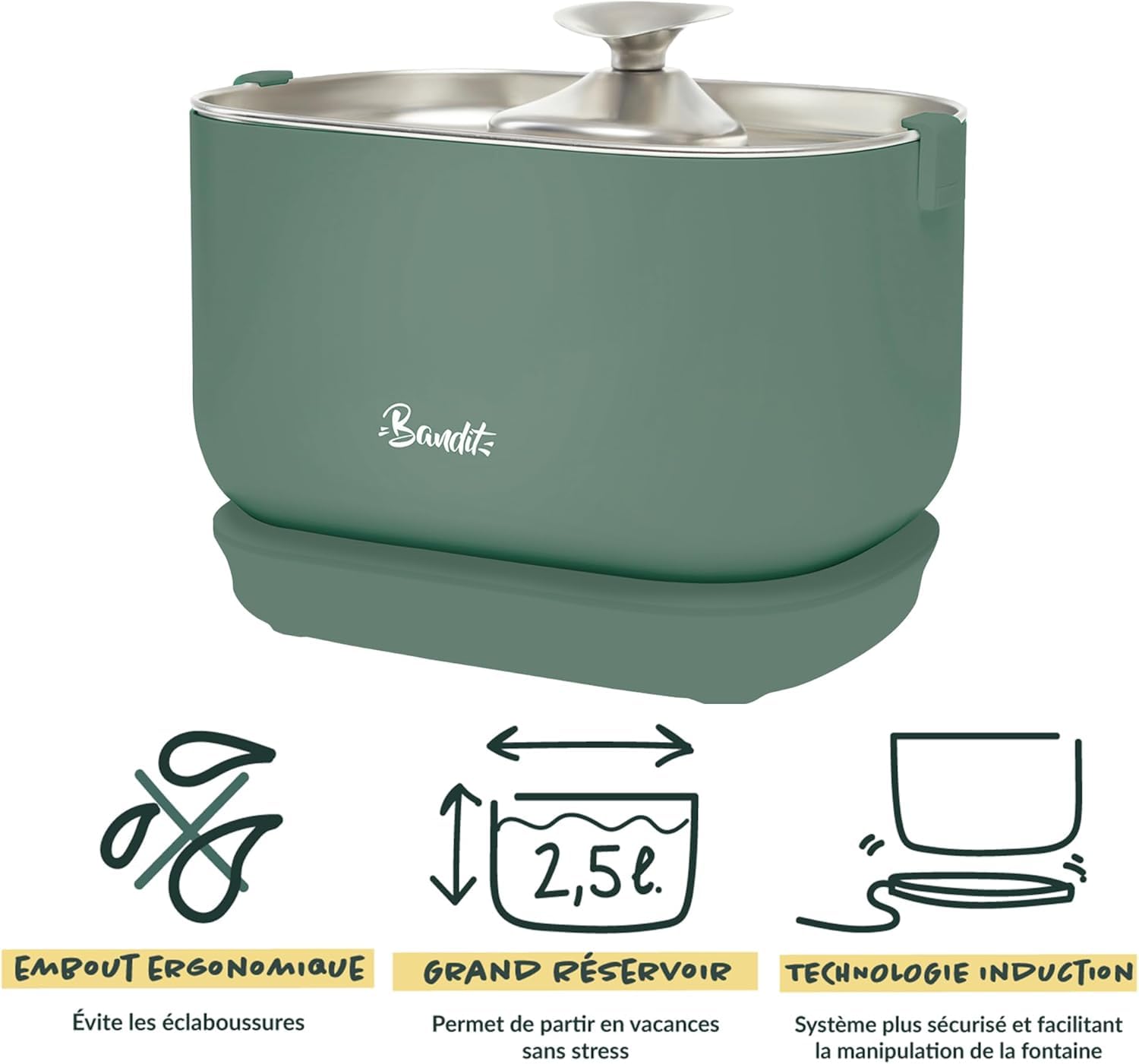 Bandit - Fontana ad acqua cablata per gatti, 2,5 l, filtro a 4 fasi, ultra silenziosa inferiore 30 dB, in acciaio inossidabile, vassoio e punta compatibili con lavastoviglie, colore: verde