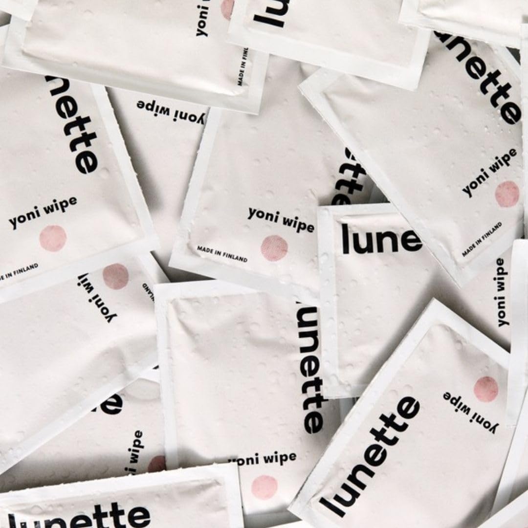 Lunette Yoni Wipes - Chusteczki Intymne – pH‑Zrównoważone – dla Skóry Wrażliwej – Bezzapachowe – Wegańskie i Kompostowalne – Pakowane Pojedynczo – Wyprodukowane w Finlandii (20 szt.)