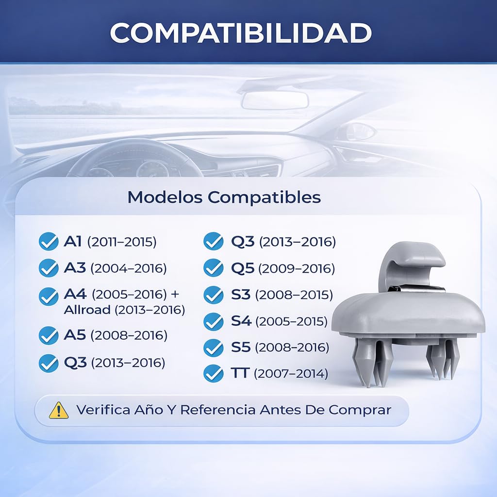 [4 Piezas] Clip Parasol Coche Repuesto Visera Interior Ajuste Preciso Compatible Audi A1 A3 A4 A5 Q3 Q5 S3 S4 S5 TT Gancho Fijacion Techo Vehiculo Plastico Reforzado Gris OEM Duradero Antiruido — view 3