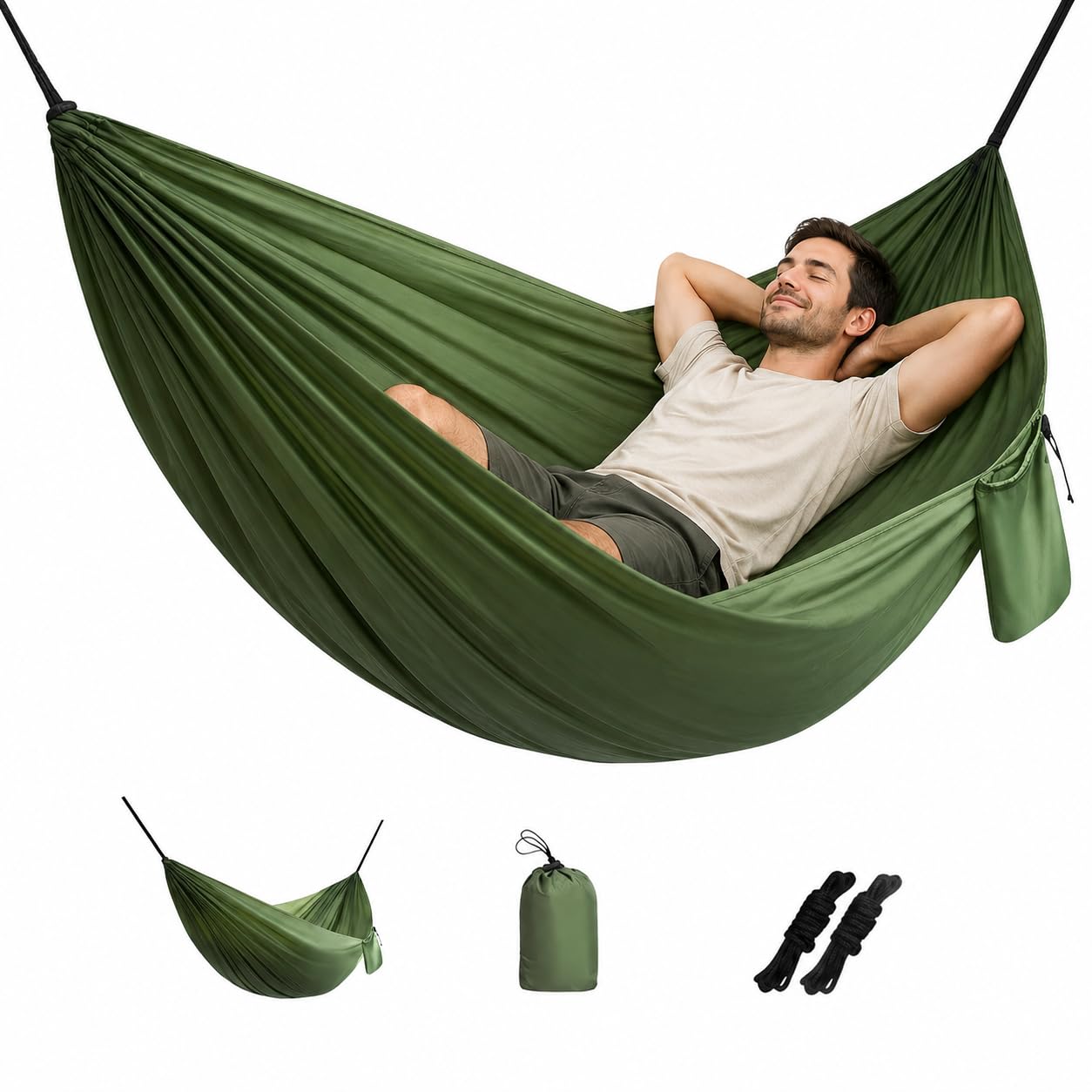 Camping Hammock Lightweight, Portable Hammocks Parachute-Hammock with Two Tree Straps, Single or Double-Hammock with Tree Straps and Carry Bag for Beach Backpacking Hiking (Green)