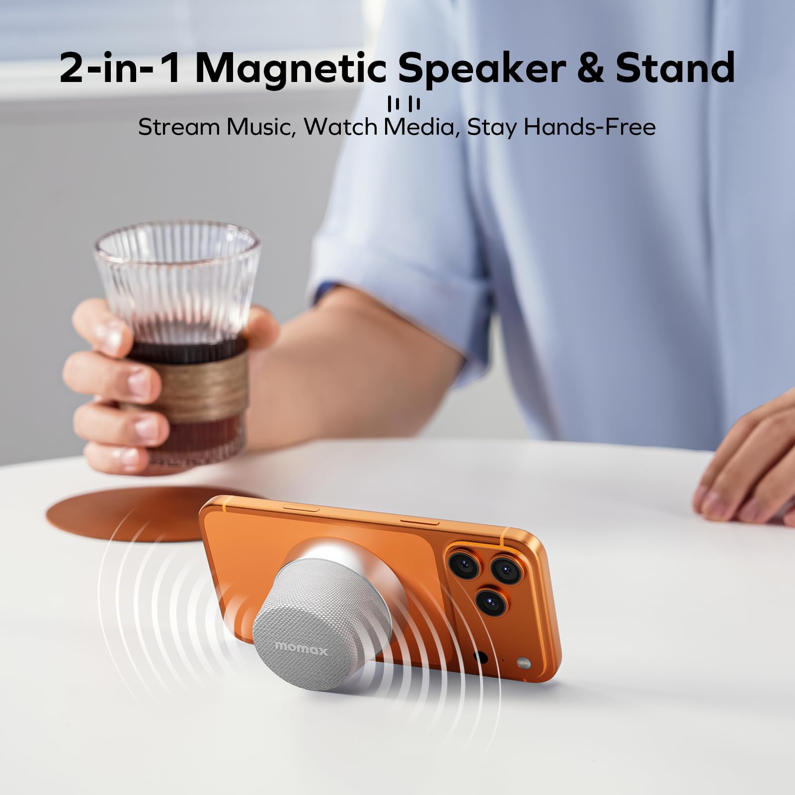MOMAX Altavoz Bluetooth Magnético Portátil,Parlante Bluetooth Resistente al Agua IPX6, 12 Horas de Reproducción, Estéreo TWS,Altavoz de Ducha USB-C para Exteriores, Ideas para Viajes y Regalos