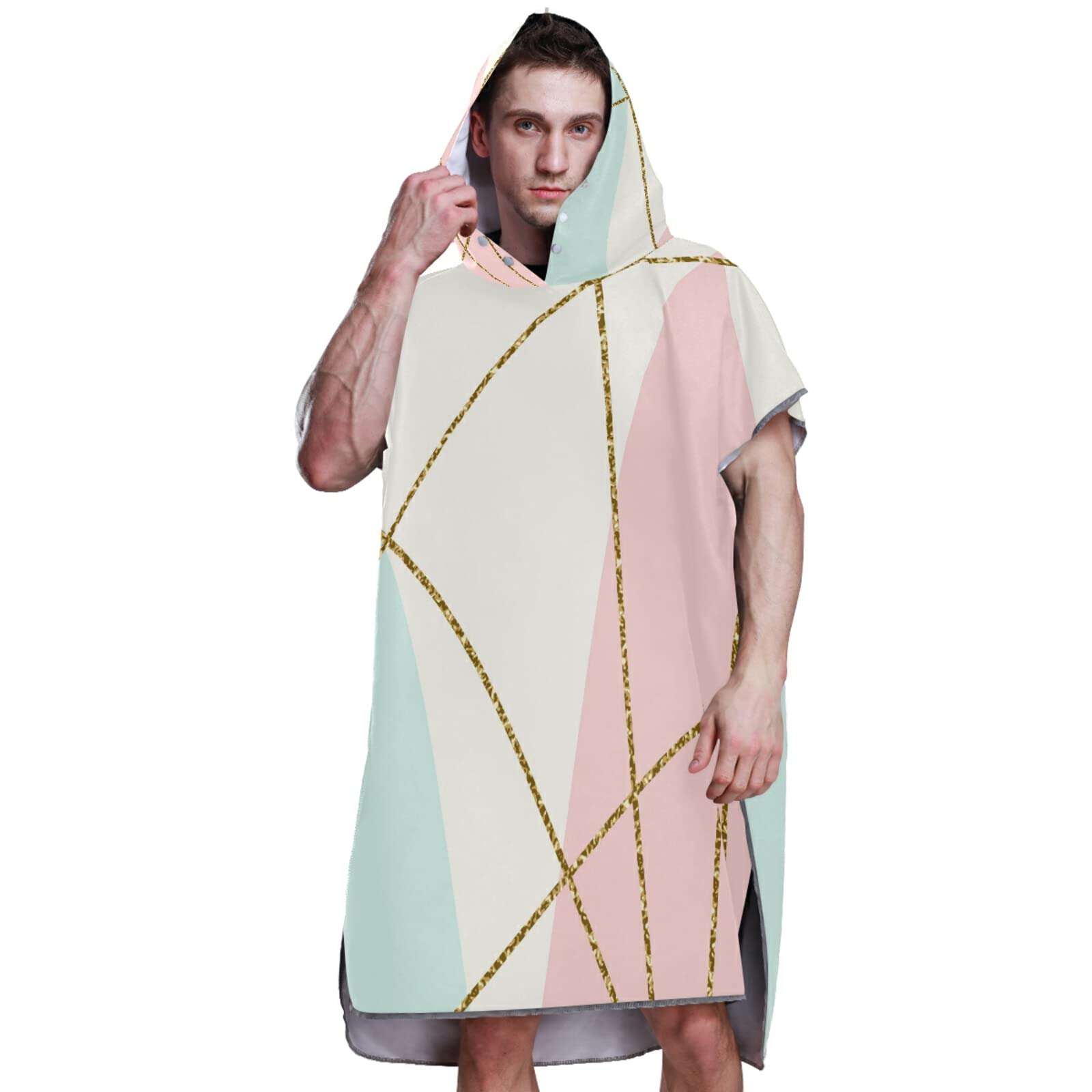 Surf-Poncho, Wickelmantel mit Kapuze und Tasche, schnelltrocknender Bademantel, Mikrofaser-Handtuch, Neoprenanzug für Bad, Strand, Outdoor, Gold, Glitzer, geometrisches Muster auf Türkis, Weiß, Rosa