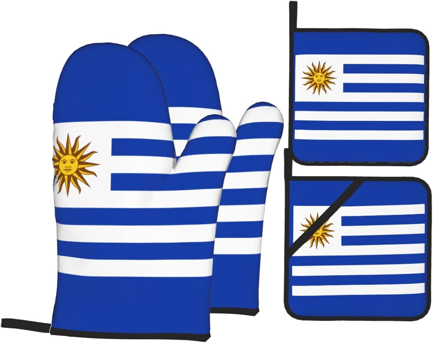Flag of Uruguay Oven gloves and heat-resistant mat 4-piece set. Suitable for grilling, microwave oven frying, and baking