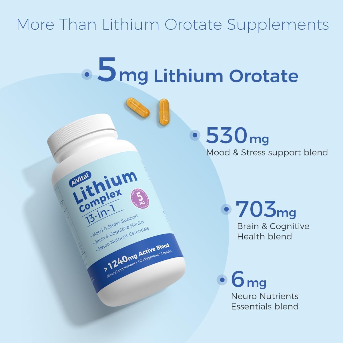 AiVital™ Lithium Orotate 5mg, 13-in-1 Lithium Supplement with Magnesium Glycinate, L-theanine & DHA for Daily Balance, Focus & Clarity, Low-Dose Formula, Non-GMO, Gluten Free, Vegan, 120 Capsules - Image 3