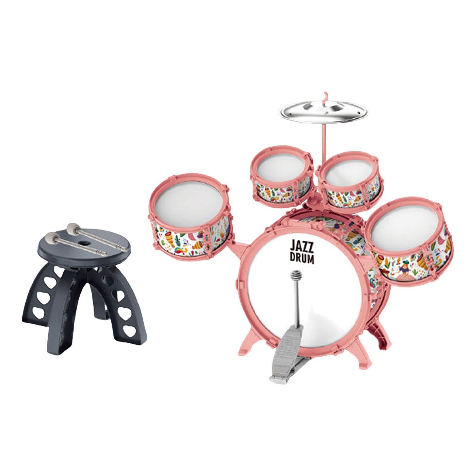 Batteria per Bambini con Sgabello e Bacchetta, Strumento Musicale per l'apprendimento, Rosa