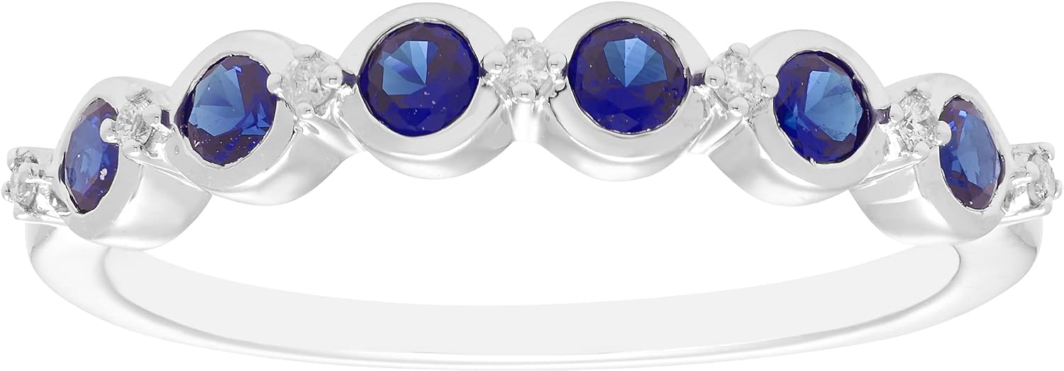 Boston Bay Diamonds .925 Sterling Silver, Created Blue Sapphire & Genuine Diamond Accented Scalloped Stackable Fashion or Promise Ring - Size 7