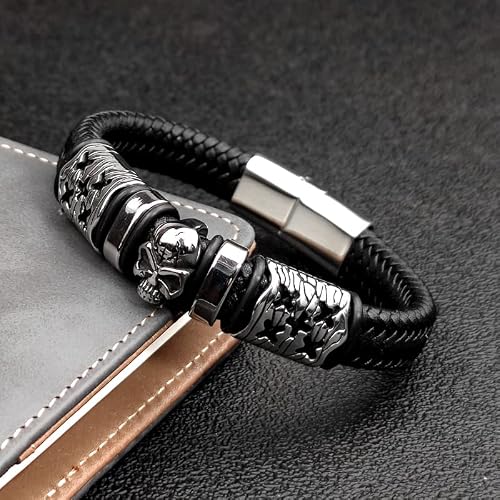 Touyony Men's Leather Bracelet Stainless Steel Skull Jewelry Punk Accessories Men Gift (9.0) #TOP1