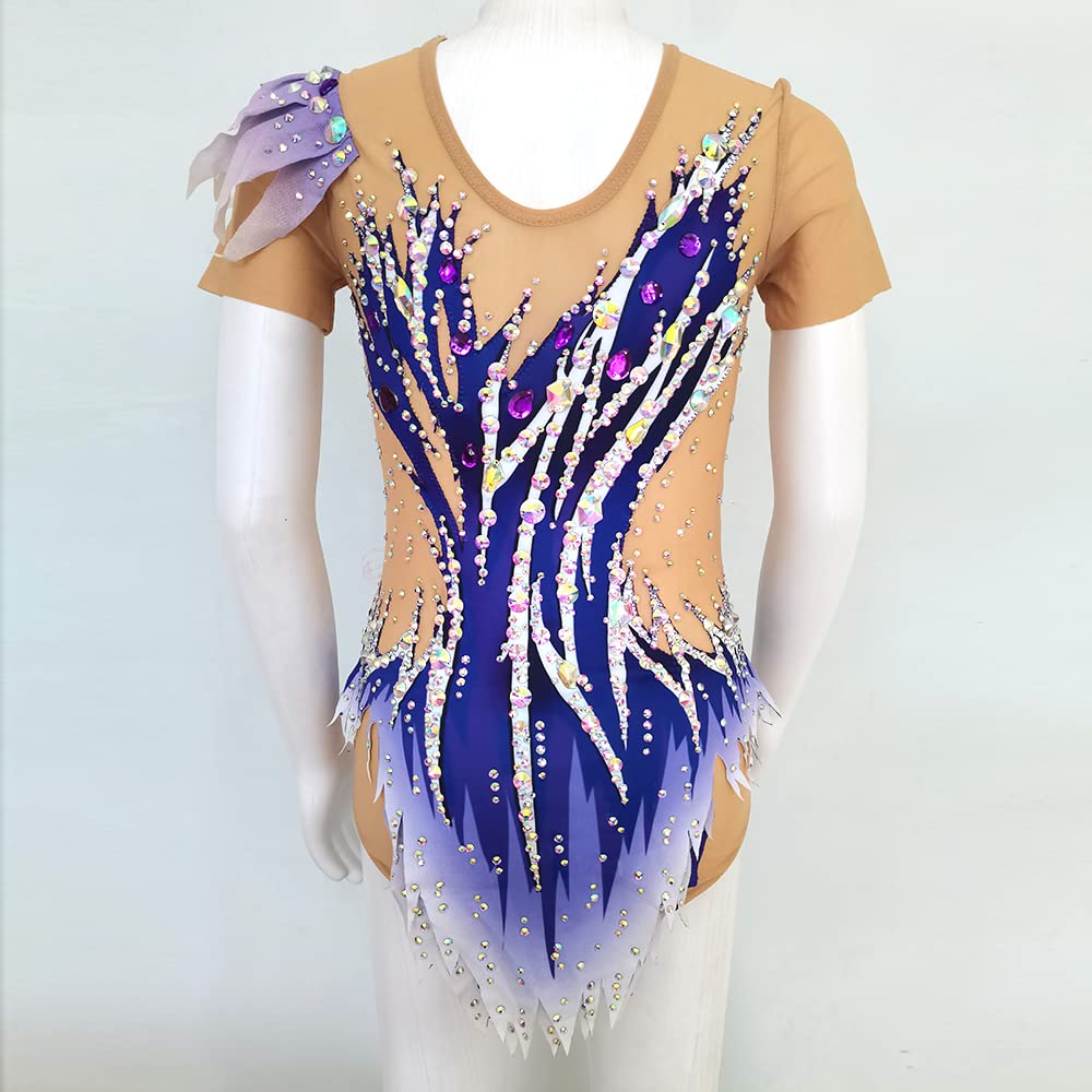 LIUHUO Body da ginnastica ritmica con stampa viola girocollo mezze maniche strass brillanti prestazioni da competizione ragazze