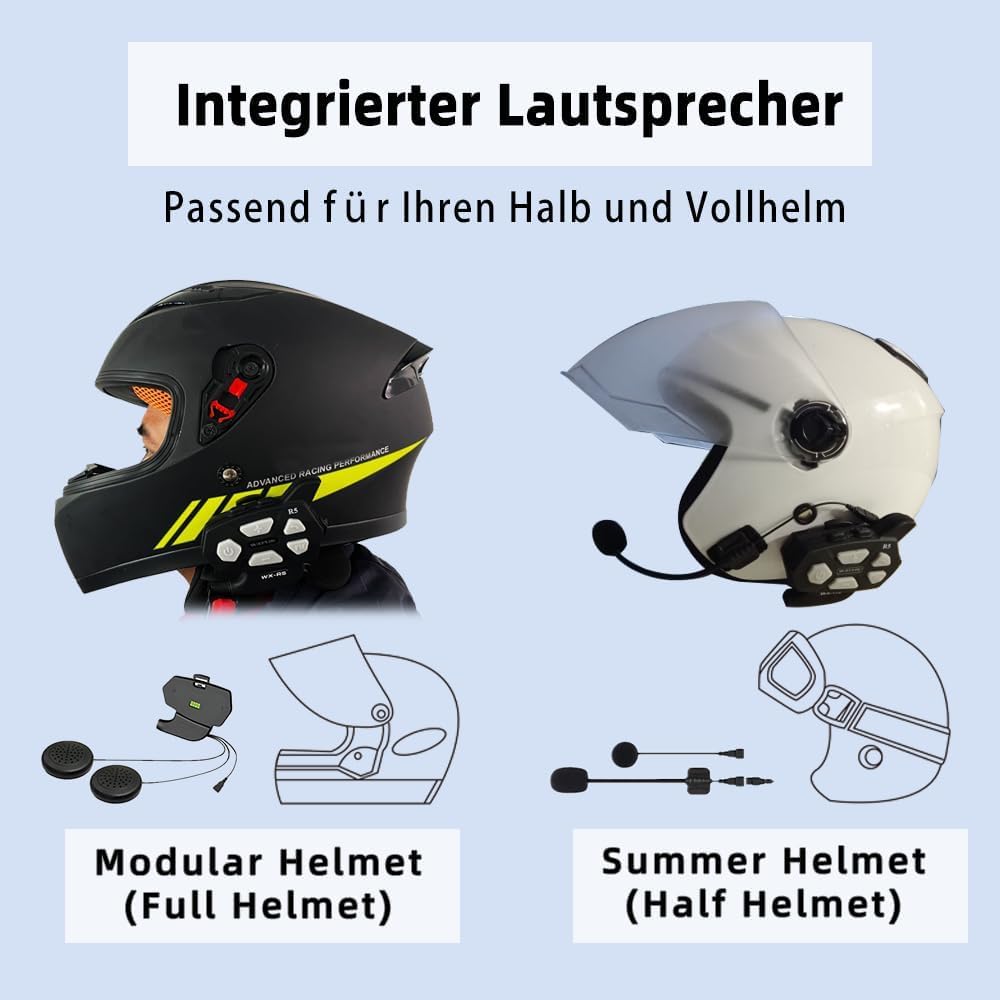 R5 1000m Interfono Moto Bluetooth Coppia Auricolare Bluetooth Casco Moto per 2 Persone,10h Conversazione Continua,Interfono Casco Moto con Radio,Funzione di Chiamata Vocale Siri,Doppio
