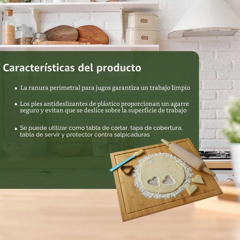 HeRo24 Tabla de cortar de bambú para cocina, 56 x 50 cm, placa estándar completa