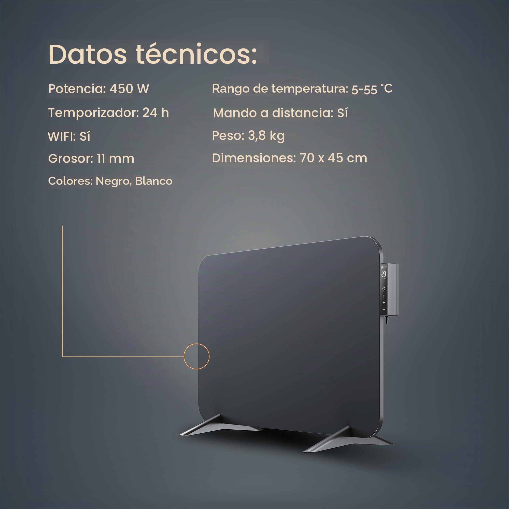 BR Bringer calefactor eléctrico por infrarrojos 450 vatios con termostato inteligente y mando a distancia, WIFI y app - para montaje en pared o uso móvil, ahorro de energía (negro)