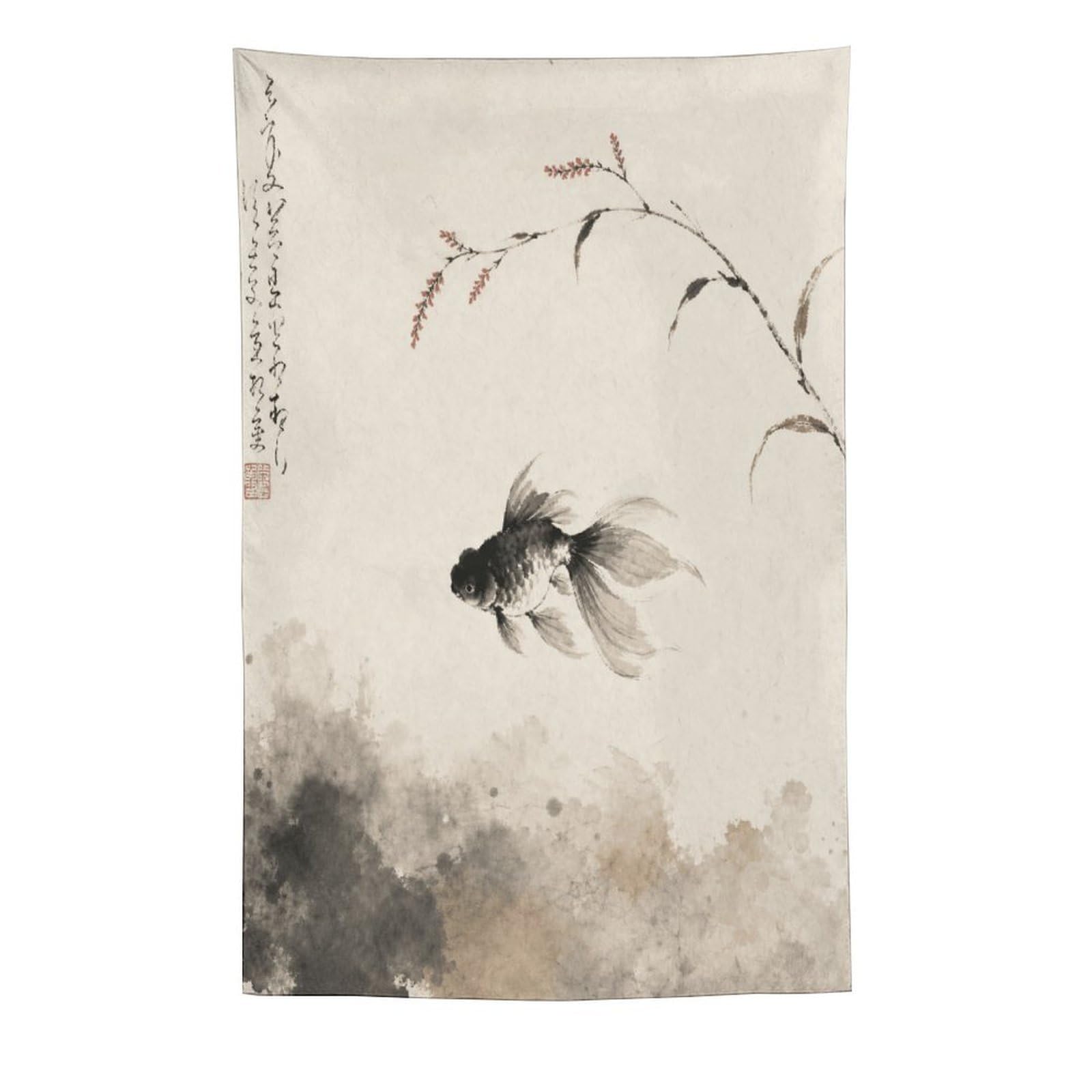 W7C8U2X3 Black Goldfish Wall Tapestry, Asian Ink Style, Reading Corner
