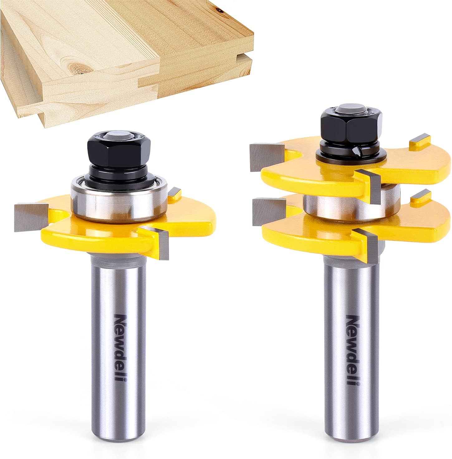 Newdeli 1/2" Shank Tongue and Groove Router Bit Set 2pcs Router Bits 3/4" Stock 1/2" Cutting Depth Adjustable Tongue Groove Router Bits T Shape 3 Teeth Wood Milling Cutter Woodworking Tool