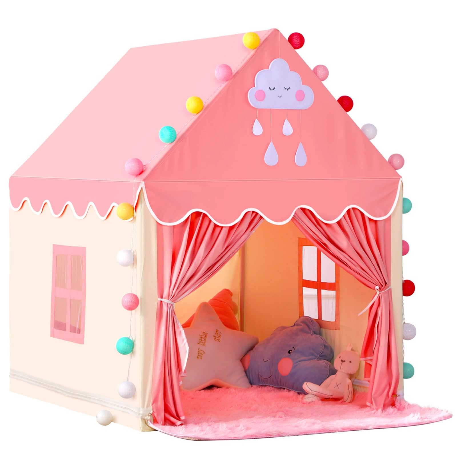 SISTICKER Kids Play Tents for Girls Large Fairy Playhouse for Kids Princess Castle Tent Gift Toys for Girl Toddler Children Play House (Pink) (Pink Tent with Rug)