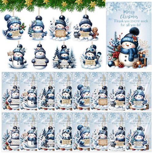 Loopeer 32 Sets Snowman Christmas Coworkers Gifts Bulk Thank You Ornaments with Motivational Cards Air Freshener Scented Hanging Snowman Ornaments for Christmas Tree Coworkers Employee Office Staff