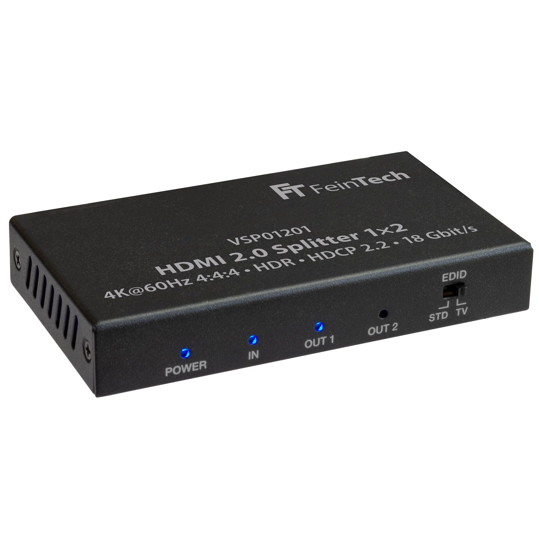 FeinTech VSP01201 HDMI 2.0 splitter répartiteur distributeur 1 sur 2 HDR UHD 4k@60Hz EDID HDCP 2.2, Noir