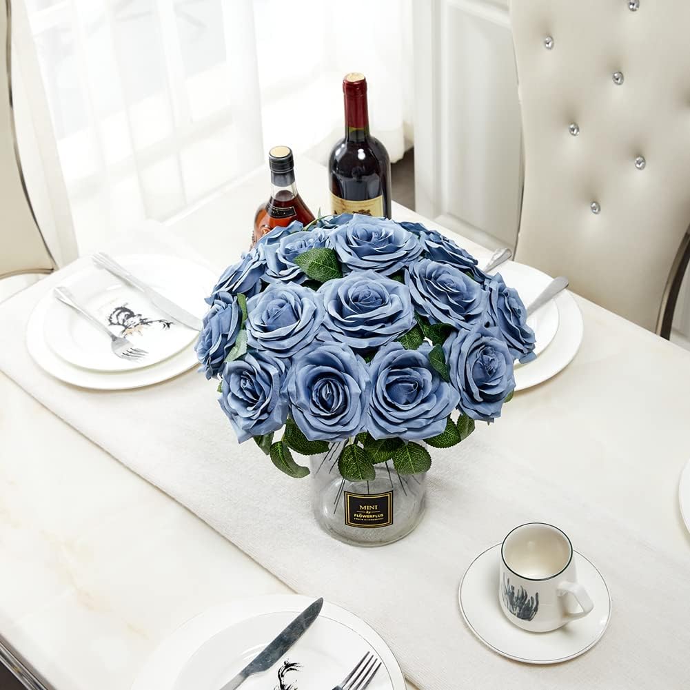 Roses Artificial Flowers Artificial Roses Fake Rose Silk Rose Fake Flowers with Stems for DIY Wedding Bouquets Party Tables Centerpieces Floral Arrangements (16, Dusty Blue) - Image 2