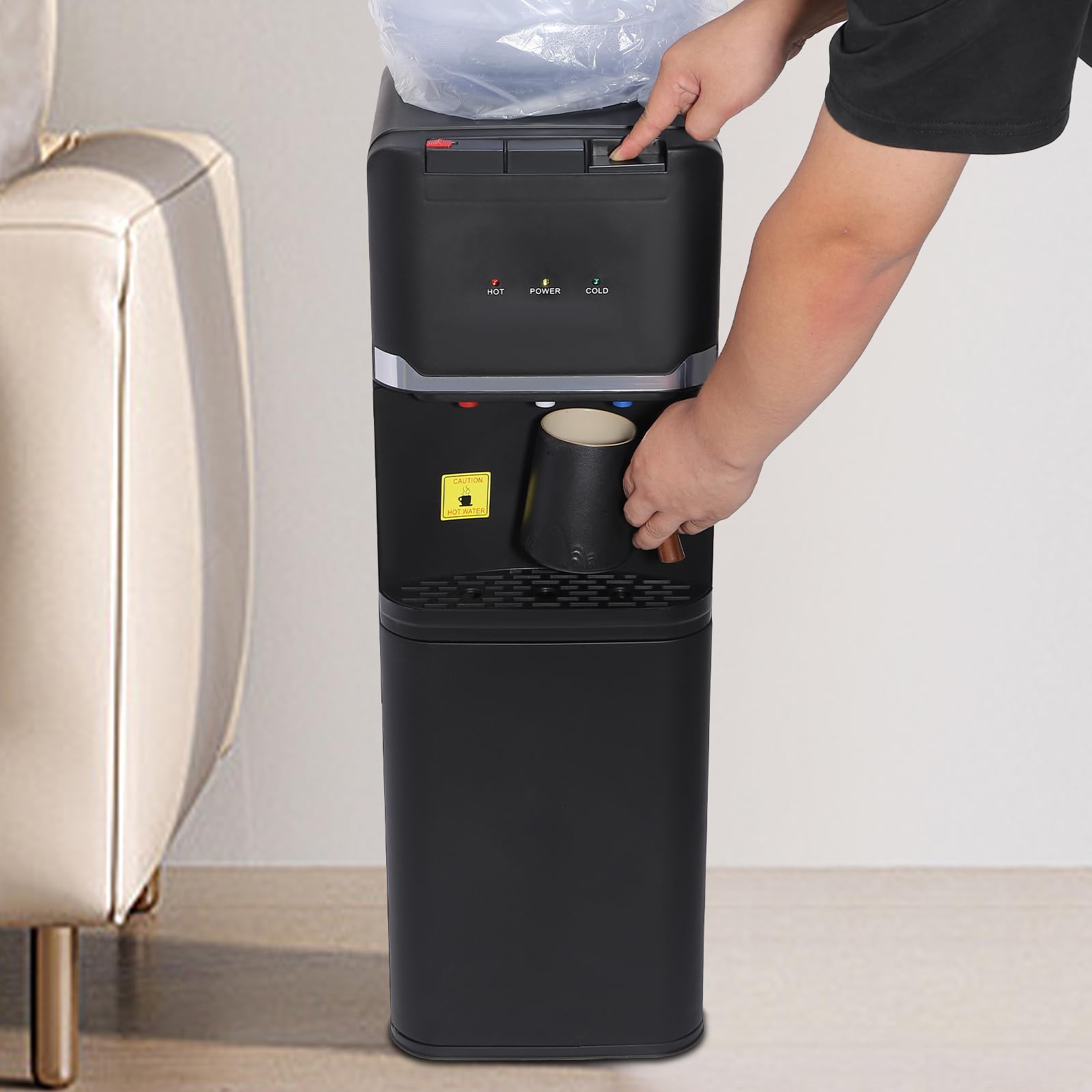 Top Loading Water Dispenser, Water Cooler for 5 Gallon Bottles, Hot/Cold/Warm Water - 3 Temperatures with Child Safety Lock for Home and Office (Black)