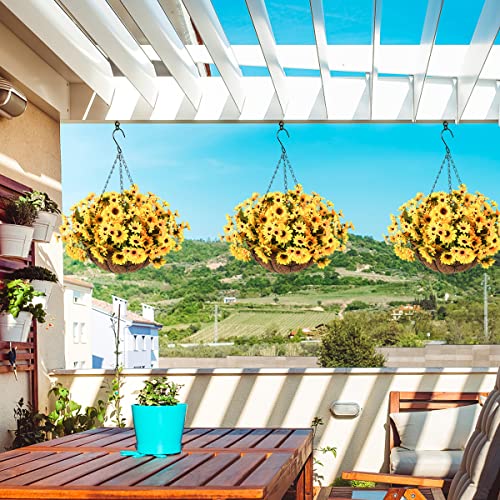 Inqcmy Artificial Silk Sunflowers With Hanging Basket For Patio Garden Decor,Coconut Palm Lining Hanging Baskets With Sunflower For The Outdoors And Indoors Decoration #TOP2