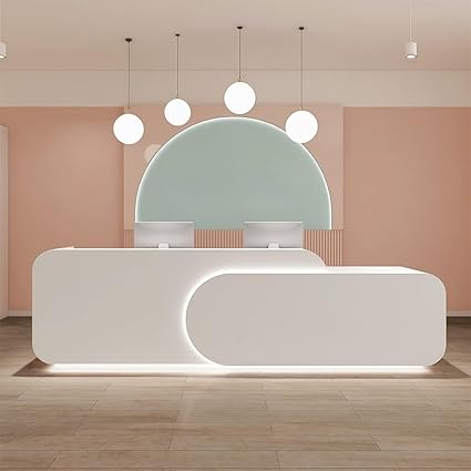Reception Desk L Shape - Front Desk with Locked Drawers and Hidden LED Lighting, No Assembly Required, for Commercial Counter, Beauty Salons, Retail Counters and Office