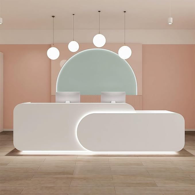 Reception Desk L Shape - Front Desk with Locked Drawers and Hidden LED Lighting, No Assembly Required, for Commercial Counter, Beauty Salons, Retail Counters and Office