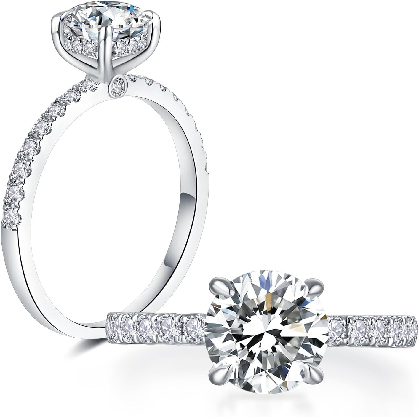 IMOLOVE Moissanite Engagement Ring for Women, 1-2CT Round Cut Hidden Halo Bridal Ring with D Color VVS1 Stone, 18K White Gold Plated Sterling Silver