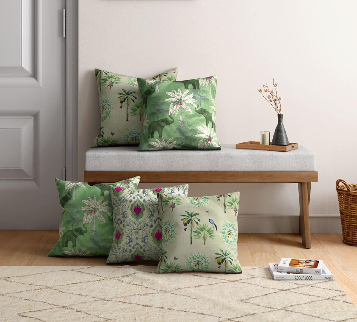India Circus by Krsnaa Mehta Tuskers of Trivandrum Multicolor Blended Velvet Cushion Pillow Covers Set of 5 (16 x 16 Inches)-image-36