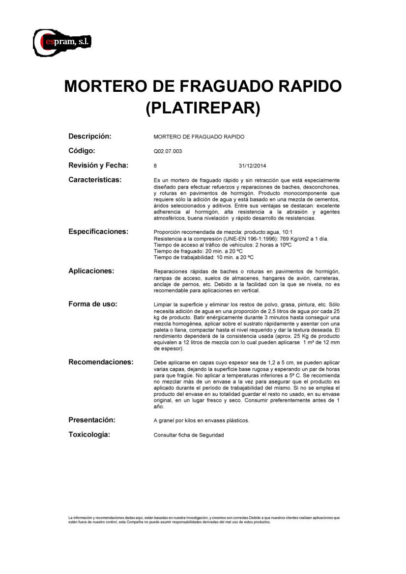 5kg. Mortero de reparación de fraguado rápido sin retracción, reparaciones de baches, desconchones, y roturas en pavimentos de hormigón. Plastirepar. Envase de 5 kg