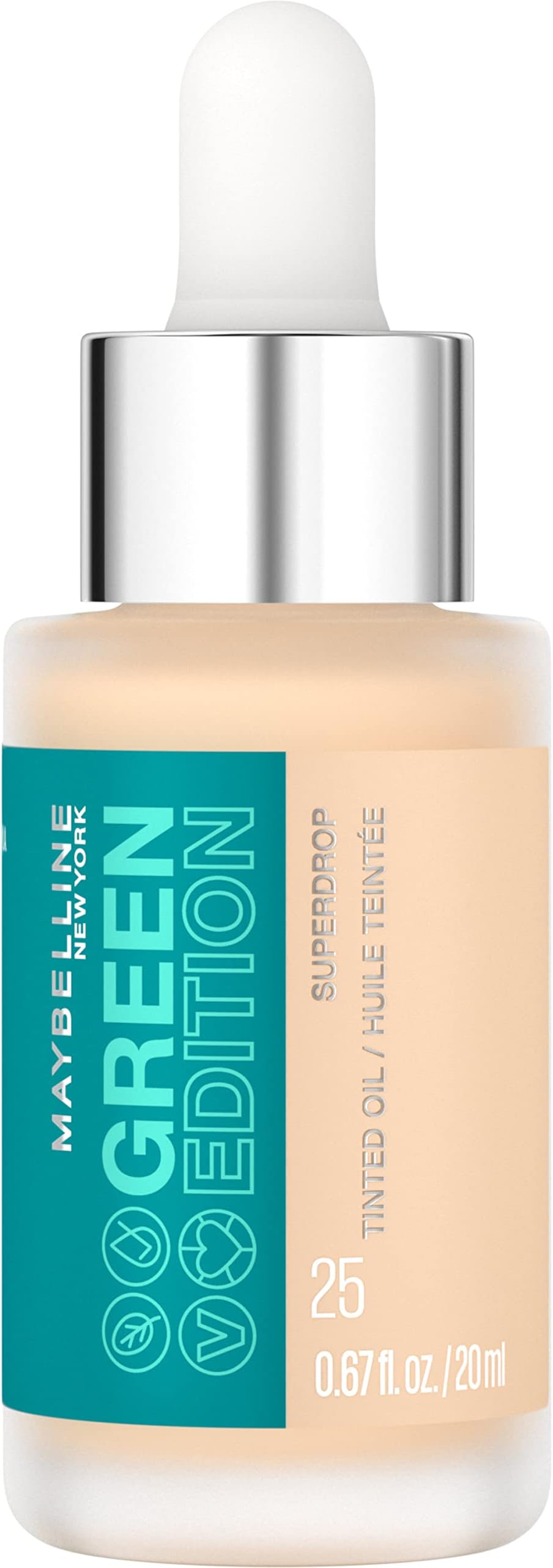 Maybelline Green Edition Superdrop Tinted Oil Base Makeup, Adjustable Natural Coverage Foundation Formulated With Jojoba & Marula Oil, 25, 1 Count