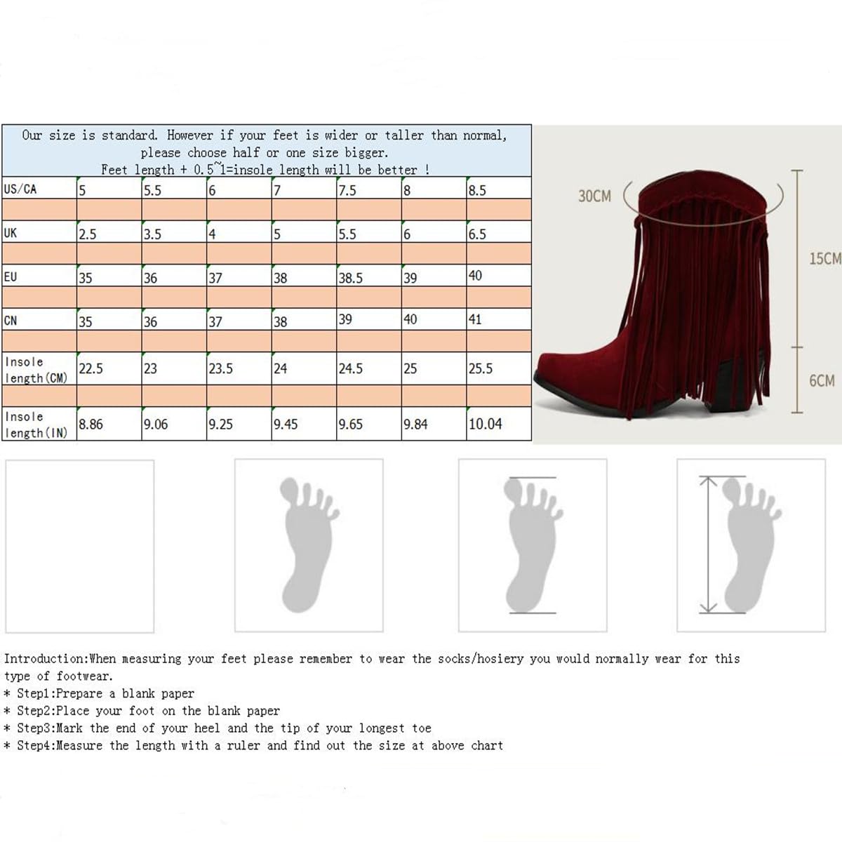 rismart Femmes Cowboy Chevilles Bottines Frangées Large Mollet Petit Bout Carré Western Bootie