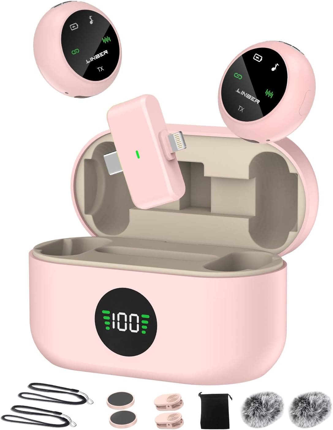 Wireless Lavalier Microphone, A37 Magnetic Clip-On Mic for iPhone/iPad/Android, Noise Cancellation, 40H, 164ft Range, Wireless Mic for Podcast, Tiktok, Interview, Streaming, Vlogging (Pink)