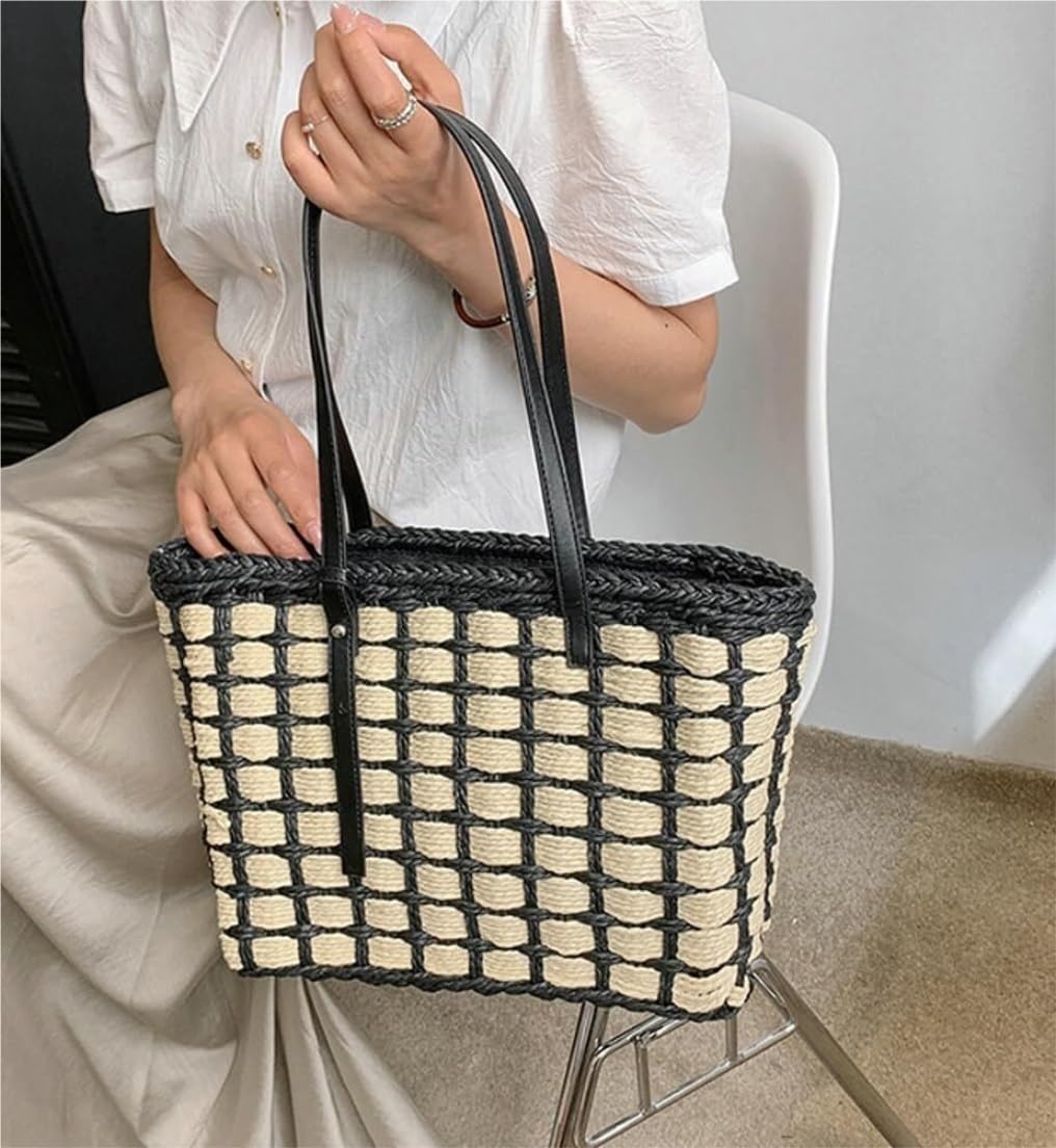 Bolso Mujer Bolso De Mano Paja para Mujer, Playa Tejido A Verano, Informal Paja Mano(Black)