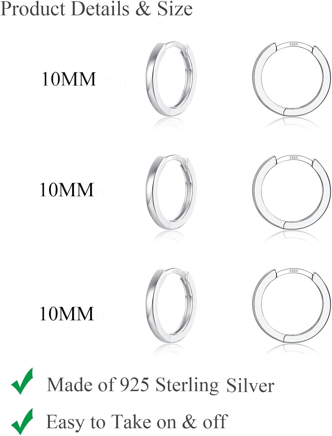3 Pairs 925 Sterling Silver Hoop Earrings 14K White Gold Plated Small Silver Hoops Cartilage Huggie Earrings for Women Men - Image 2