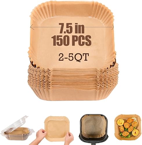 Forros cuadrados de papel pergamino para freidora de aire de 7.5 pulgadas, 150 piezas antiadherentes y a prueba de aceite desechables para freír de