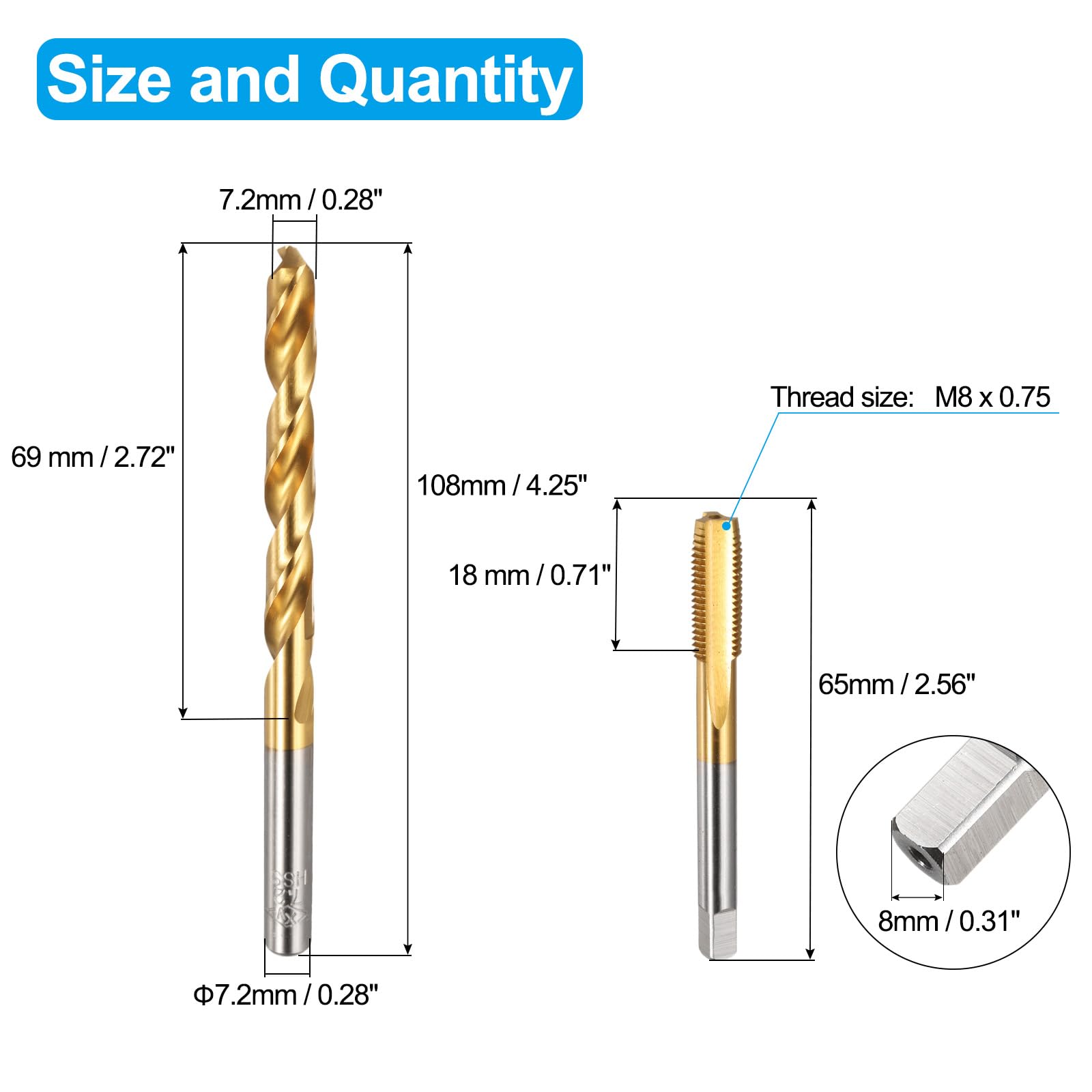 Set di Maschi e Punte da Trapano, 1 Maschio filettato a scanalatura Dritta M8 x 0,75 e 1 Punta elicoidale da 7,2 mm, Kit di Utensili per Filettatura HSS-6542 Rivestiti in Titanio