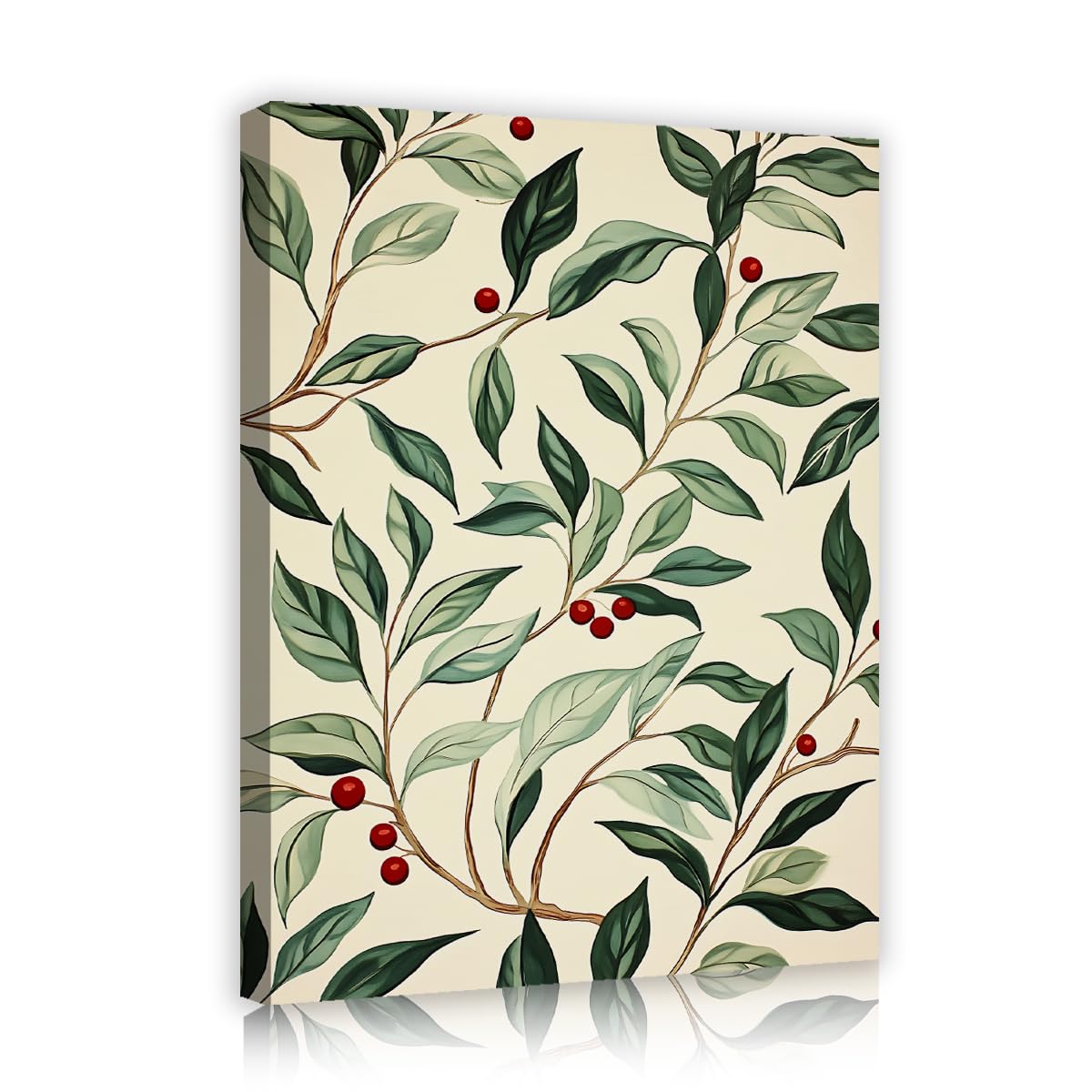 Botanical Leaf Canvas Wall Art Sage Green Olive Branch Red Berries Print Cream Background Watercolor Style Framed Poster for Kitchen Dining Lounge Decor 85x100cm