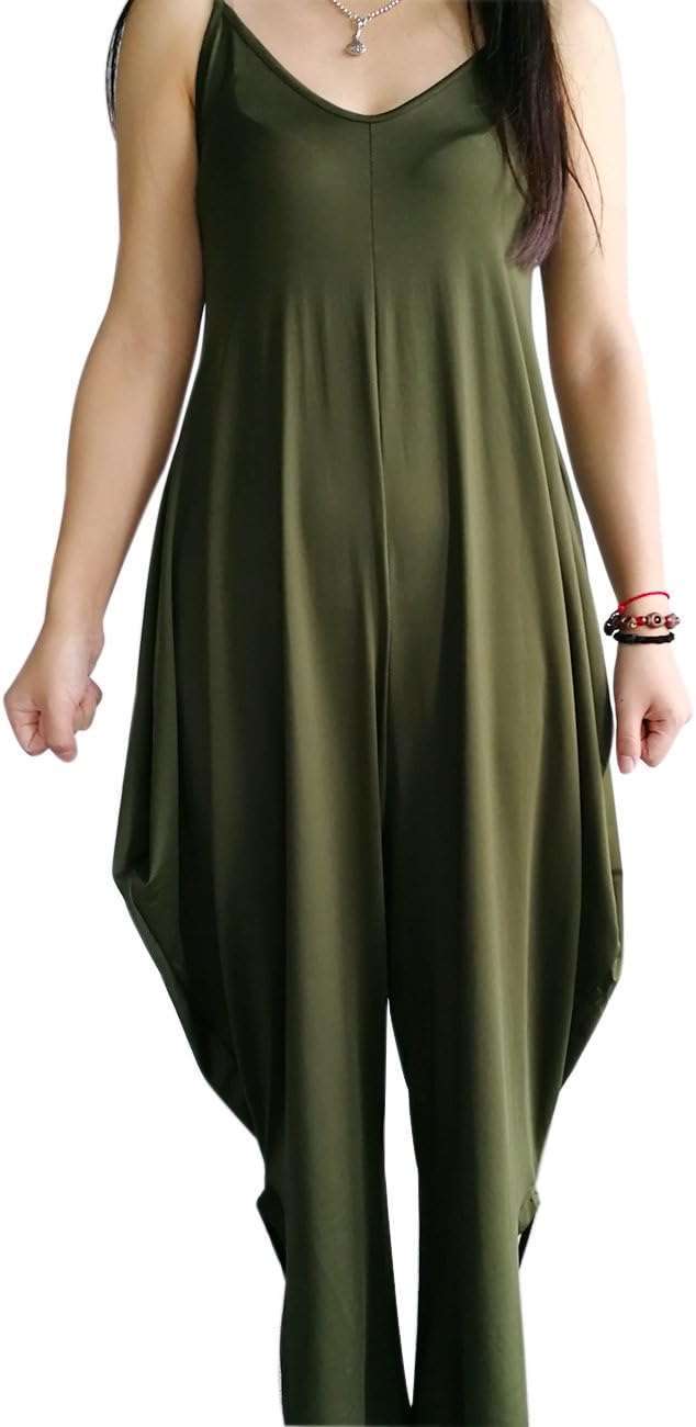 Looseplus Women's Comfy Loose Punk Spaghetti Strap Jumpsuit V Neckline Harem One Piece Romper, Army Green, Small
