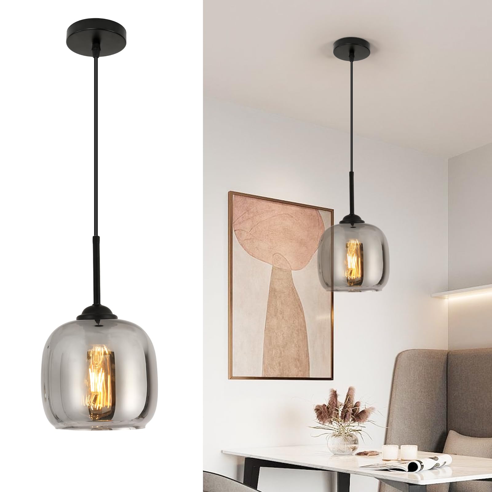 Lampada a sospensione Moderna, Lampadario in Vetro Grigio Fumé, Filo Sospeso Regolabile, Lampadario per Cucina, Tavolo da pranzo, Camere da letto (E27, Escluse le lampadine)
