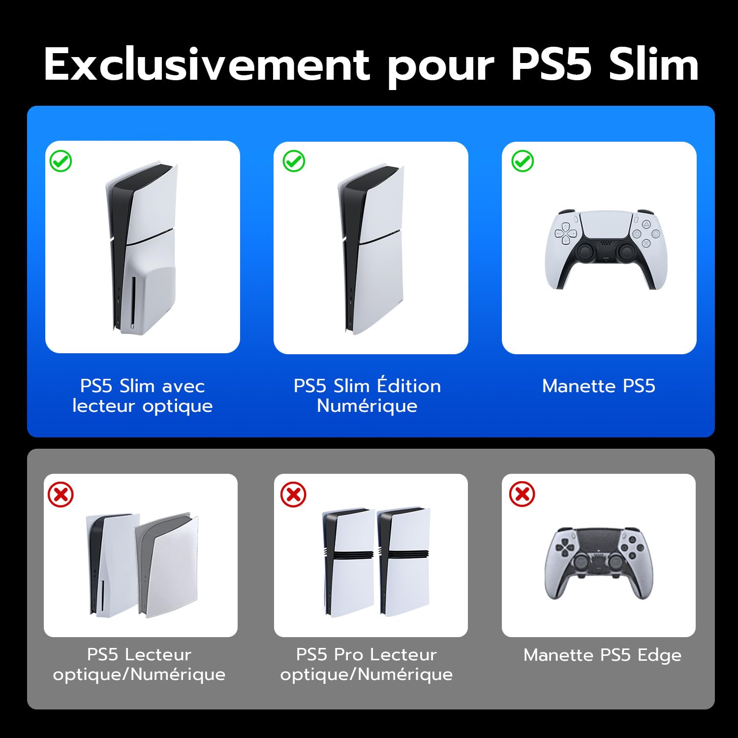 Wigearss Support Vertical pour PS5 Slim, Station de Charge Rapide pour Deux Manettes avec Crochet Casque et Lumière LED, Compatible avec la Console PS5 Slim DE/UHD(Pas pour PS5/Pro)