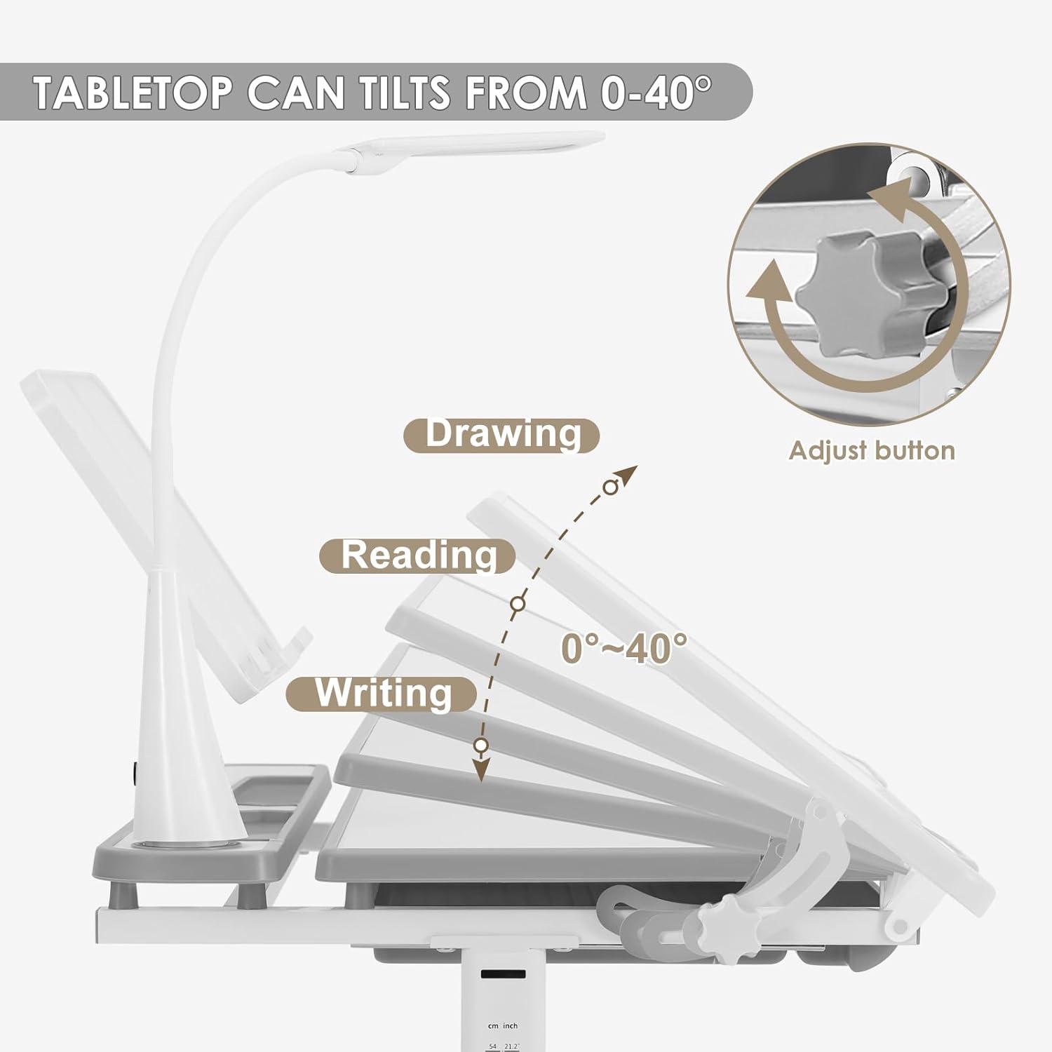 Artist hand Kids Study Desk and Chair Set Height Adjustable Children School Girl Table Large Writing Board Desk with LED Lamp Pull Out Drawer Pencil Case Bookstand