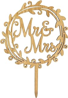 "yueton Mr & Mrs Wooden Cake Topper, Chic Rustic Style Wedding Engagement Cake Topper, Mr and Mrs Wreath Cake Decoration, Wedding Anniversary Party Supplies - with a Gift Box"