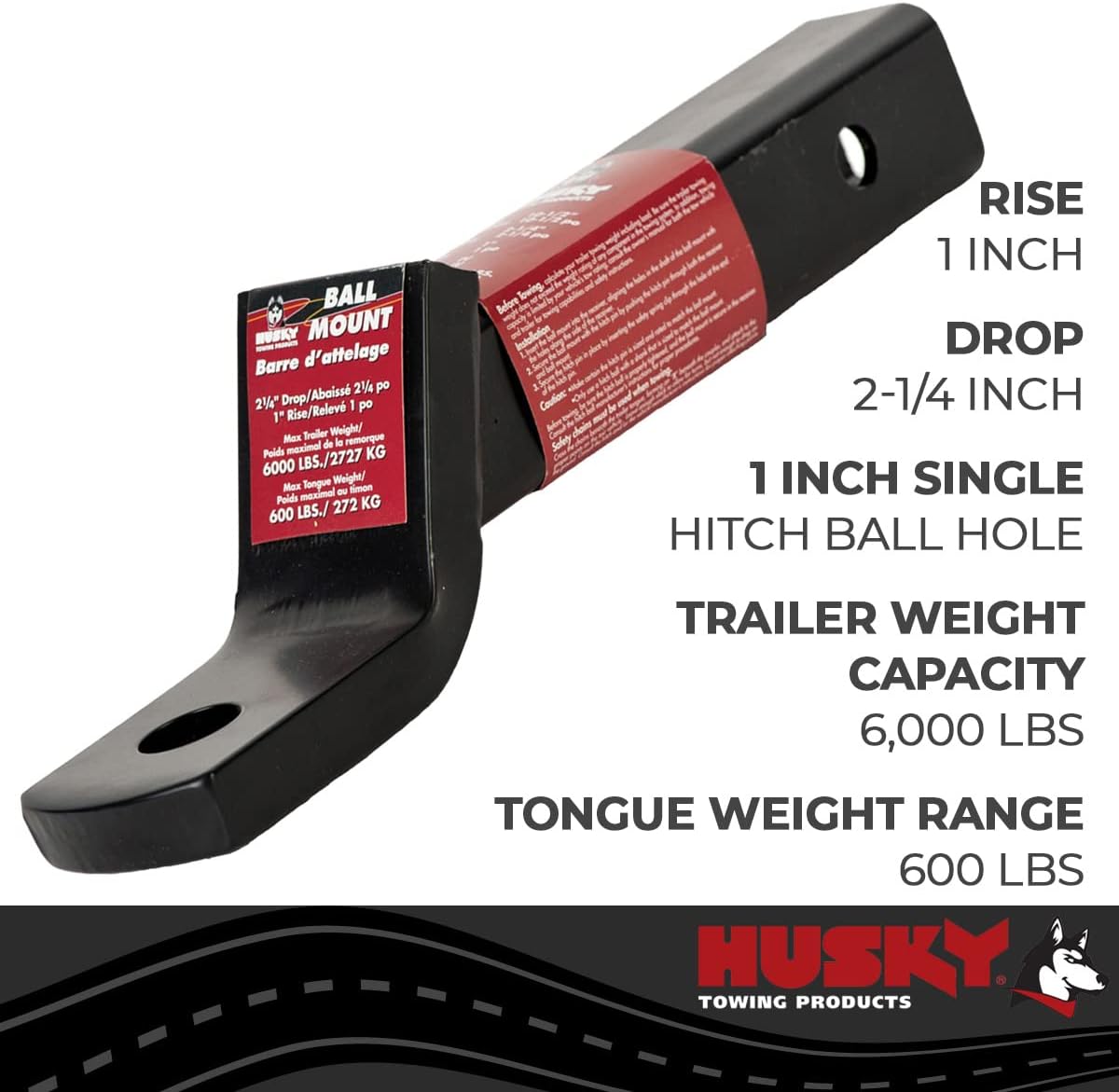Husky Towing 31362 Class III IV Trailer Hitch Ball Mount 2 Inch Receiver 6000 lb GTW 600 lb Tongue - 2-1/4 Inch Drop 1 Inch Rise 10-1/2 Inch Hollow Shank 1 Inch Ball Hole - Black Powder Coat No Ball