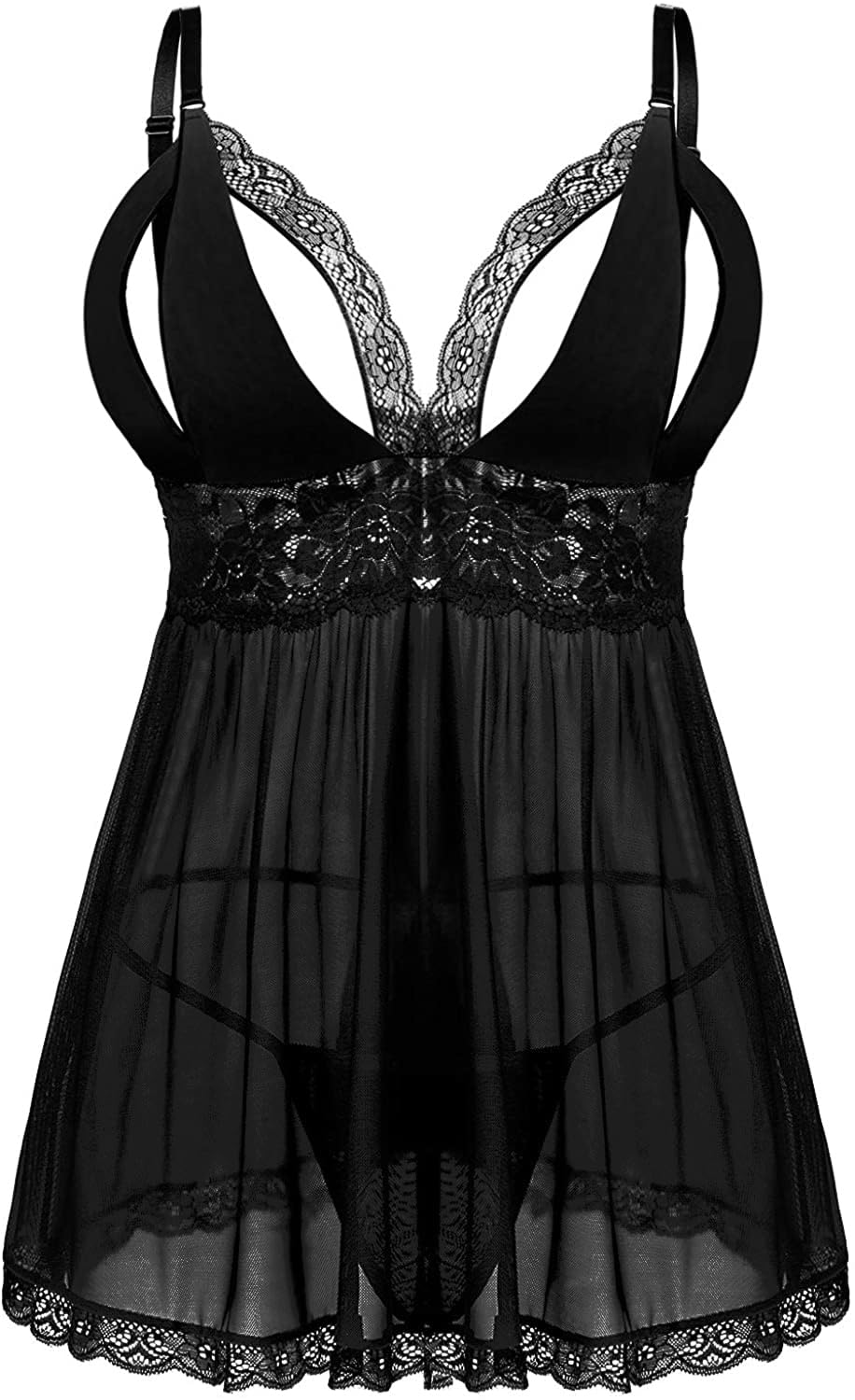 Donnalla Plus Size Babydoll Lingerie Set for Women Sexy Mesh Lace Nightwear Adjustable Straps V Neck Chemise with Panty