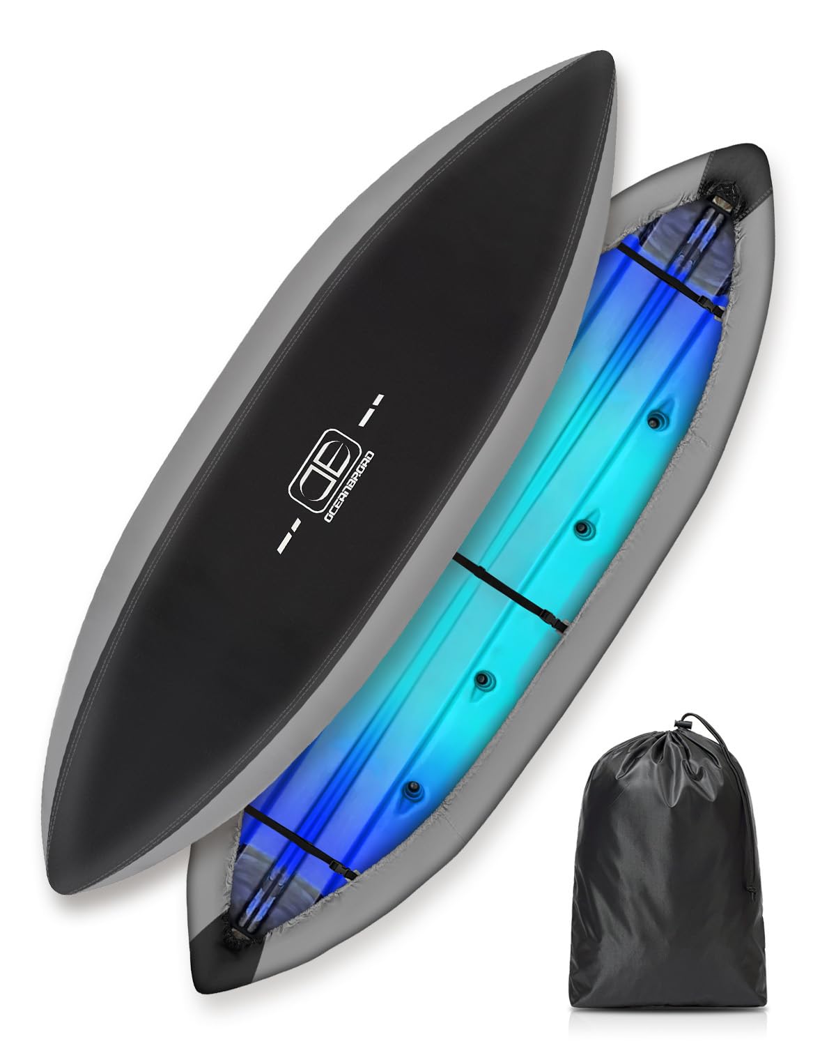 OCEANBROAD 420D Kayak Cover, Water-Resistant UV-Resistant Kayak Canoe Dust Covers for Indoor and Outdoor Storage, Suitable for 9.3-10.5ft Kayak, Black with Gray
